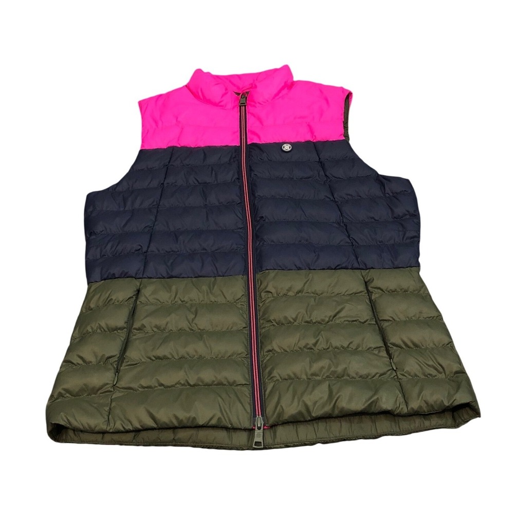 G/FORE Puffer Vest Womens Large Pink Navy Olive Colorblock G4LF21010